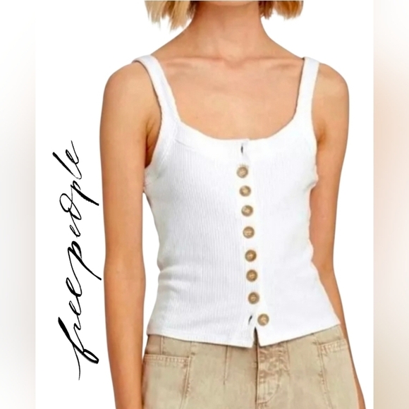 Free People Tops - Free People Bridgette White Button Up Ribbed Tee Tank Top Shirt Slim Size S/P